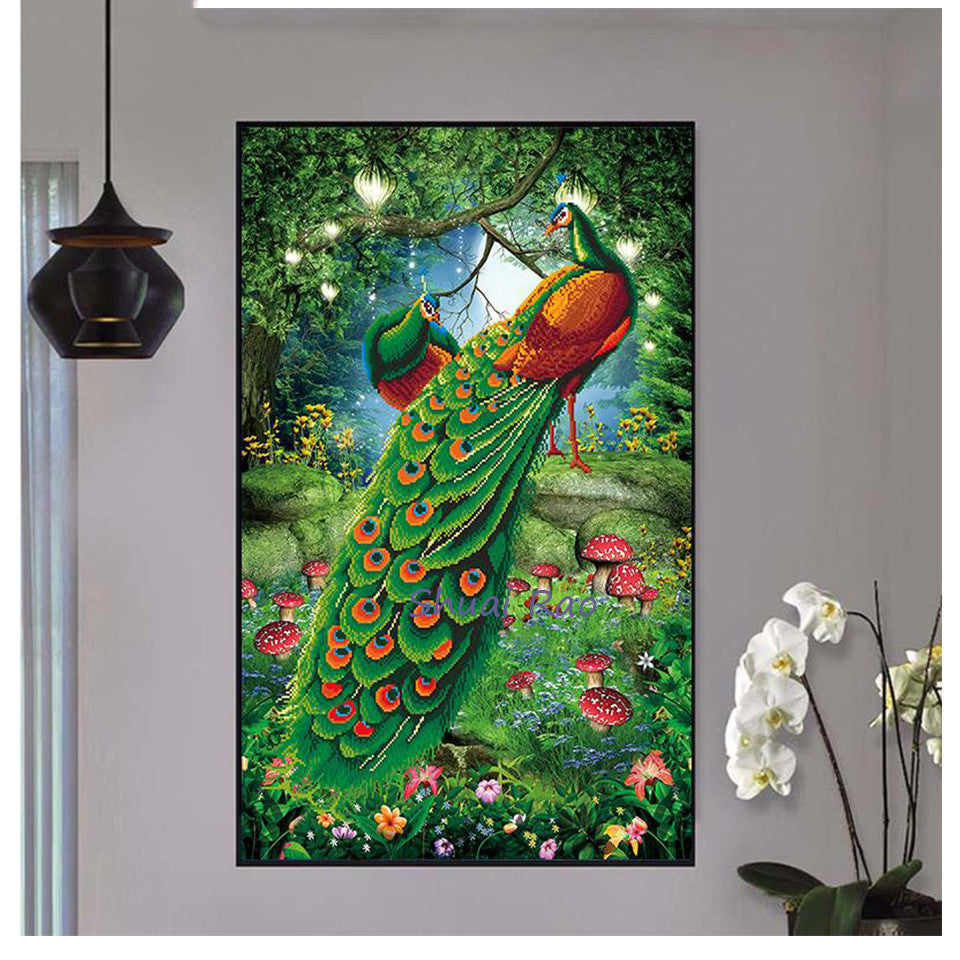 DIY Green Peacock Painting Cross Stitch Square Round Diamond