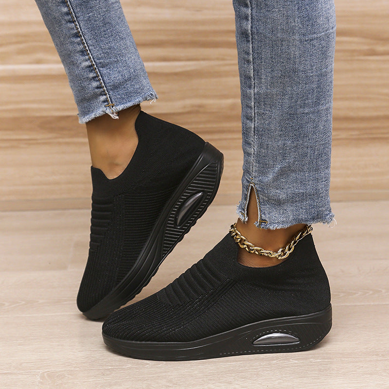 New Stripe Design Mesh Shoes Fashion Slip On Air Cushion Shoes Breathable Round-toe Flats Women 