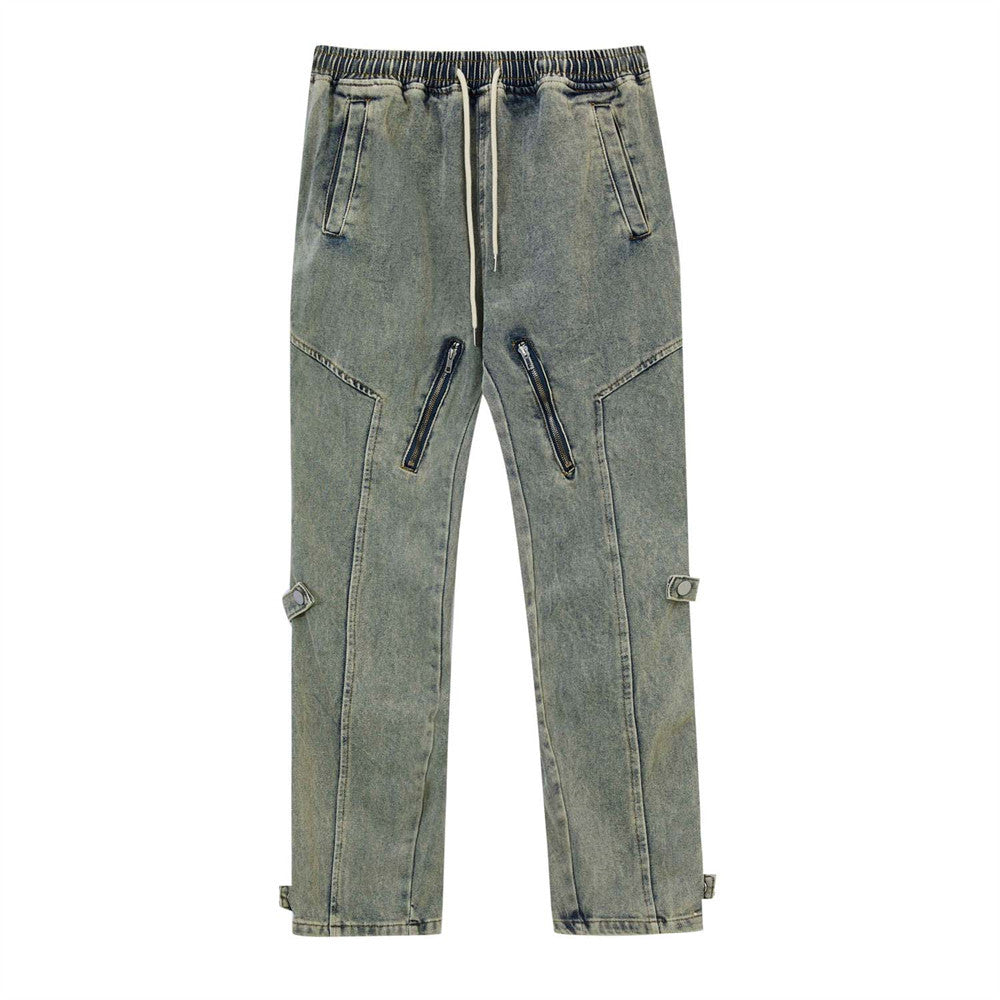 Niche Zipper Straight Leg Jeans Men's High Street Splicing Casual Pants