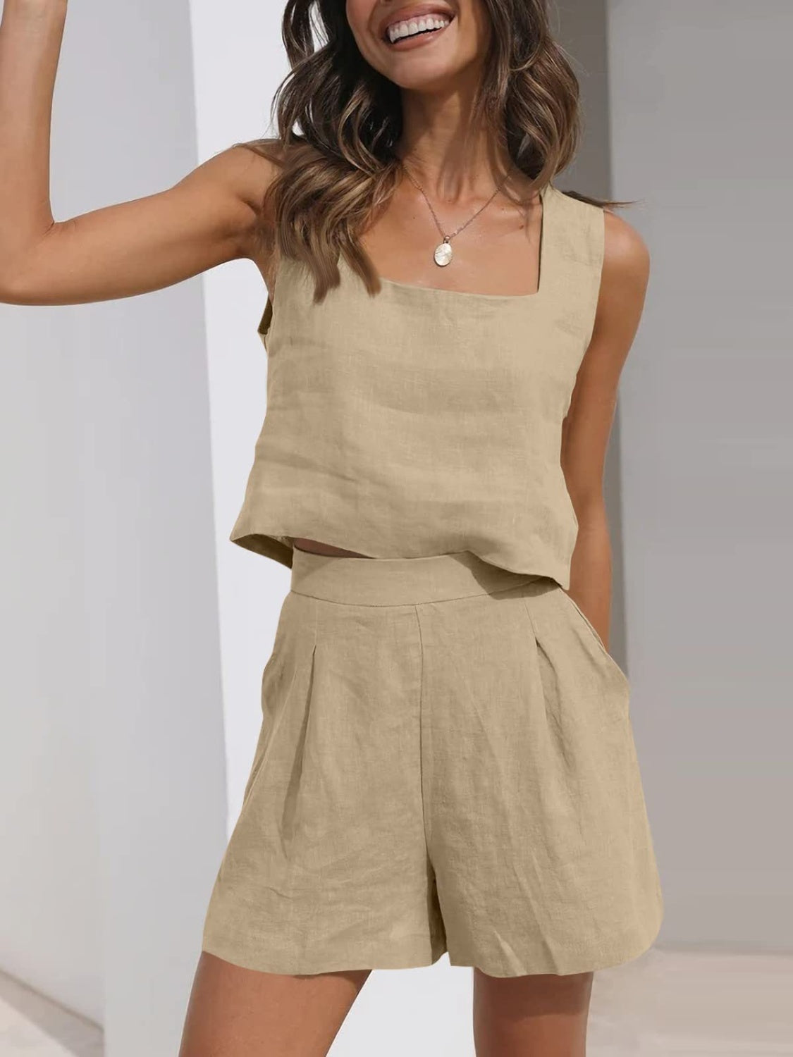 Square Neck Wide Strap Top and Shorts Set - Babbazon new