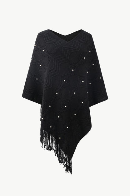 Pearl Trim V-Neck Fringe Hem Poncho 