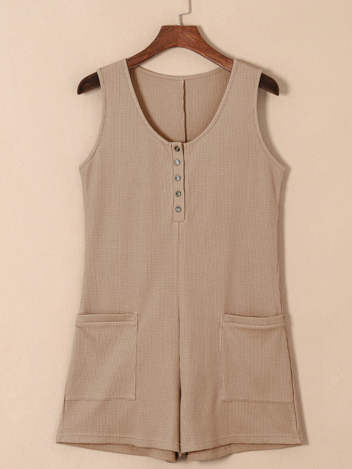 Waffle-Knit Half Button Sleeveless Romper with Pockets - Babbazon jumpsuit