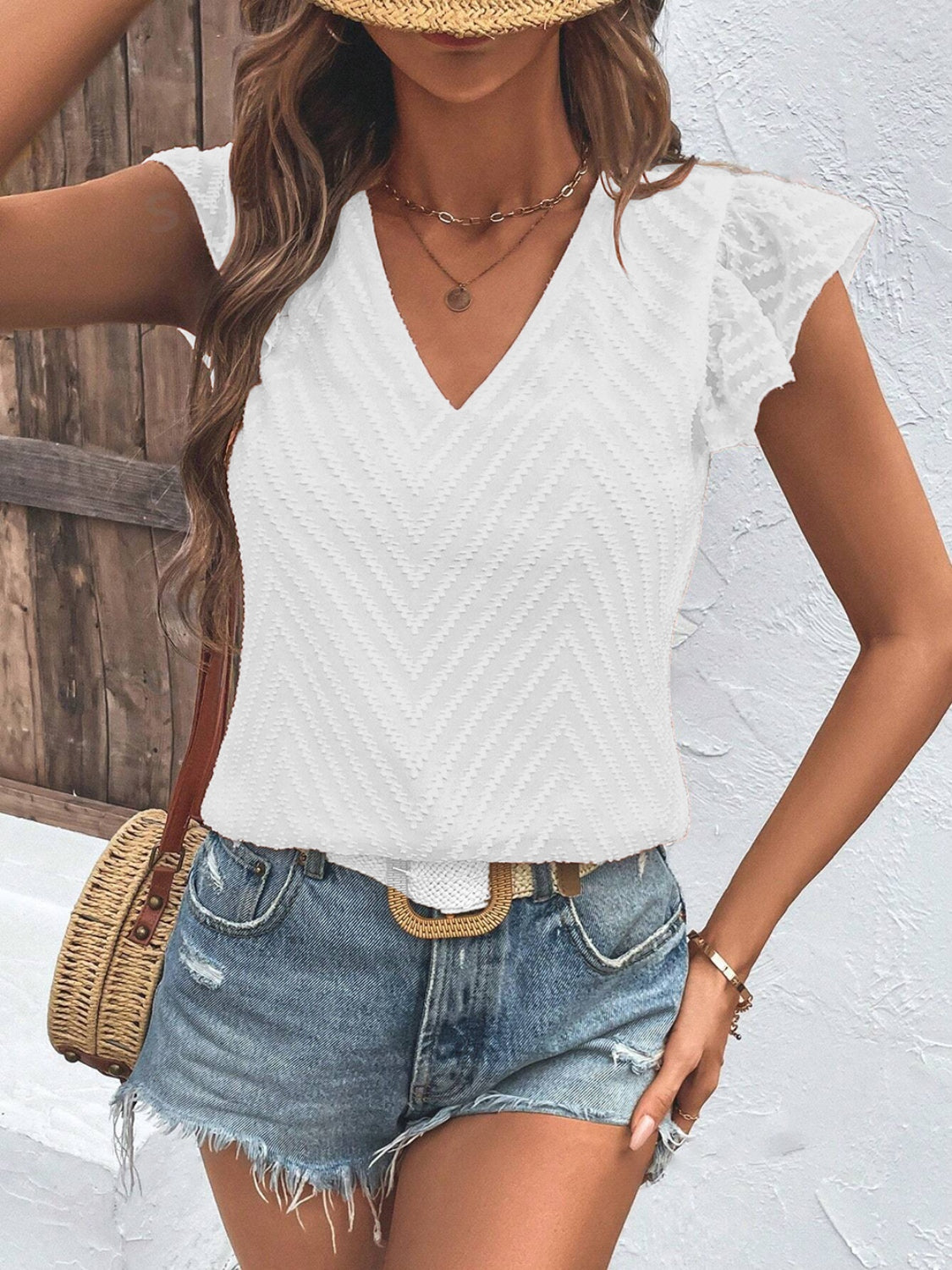 Textured V-Neck Cap Sleeve Blouse - Babbazon New Products