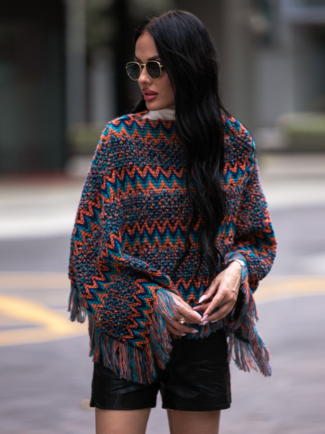 Fringe Hem Boat Neck Poncho 