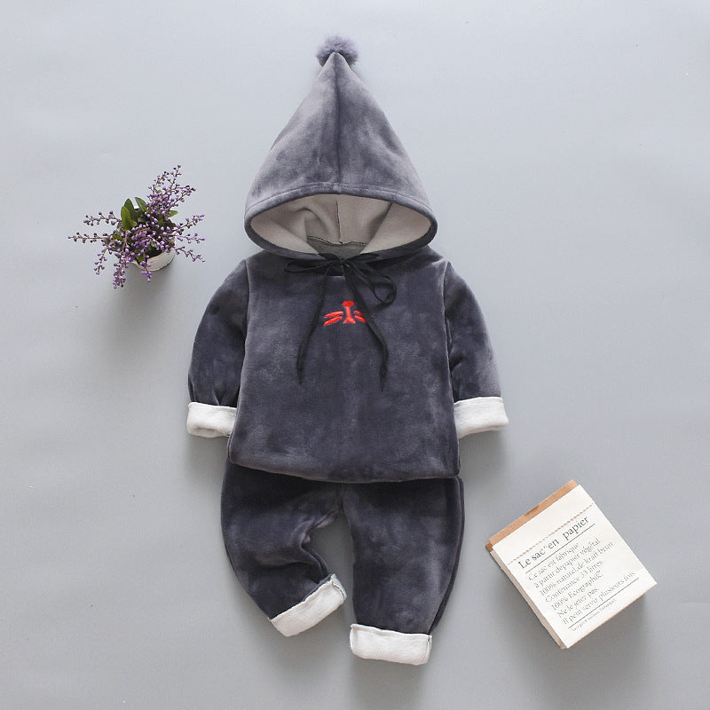 Children's Bear Hooded Two-piece Gold Velvet Set