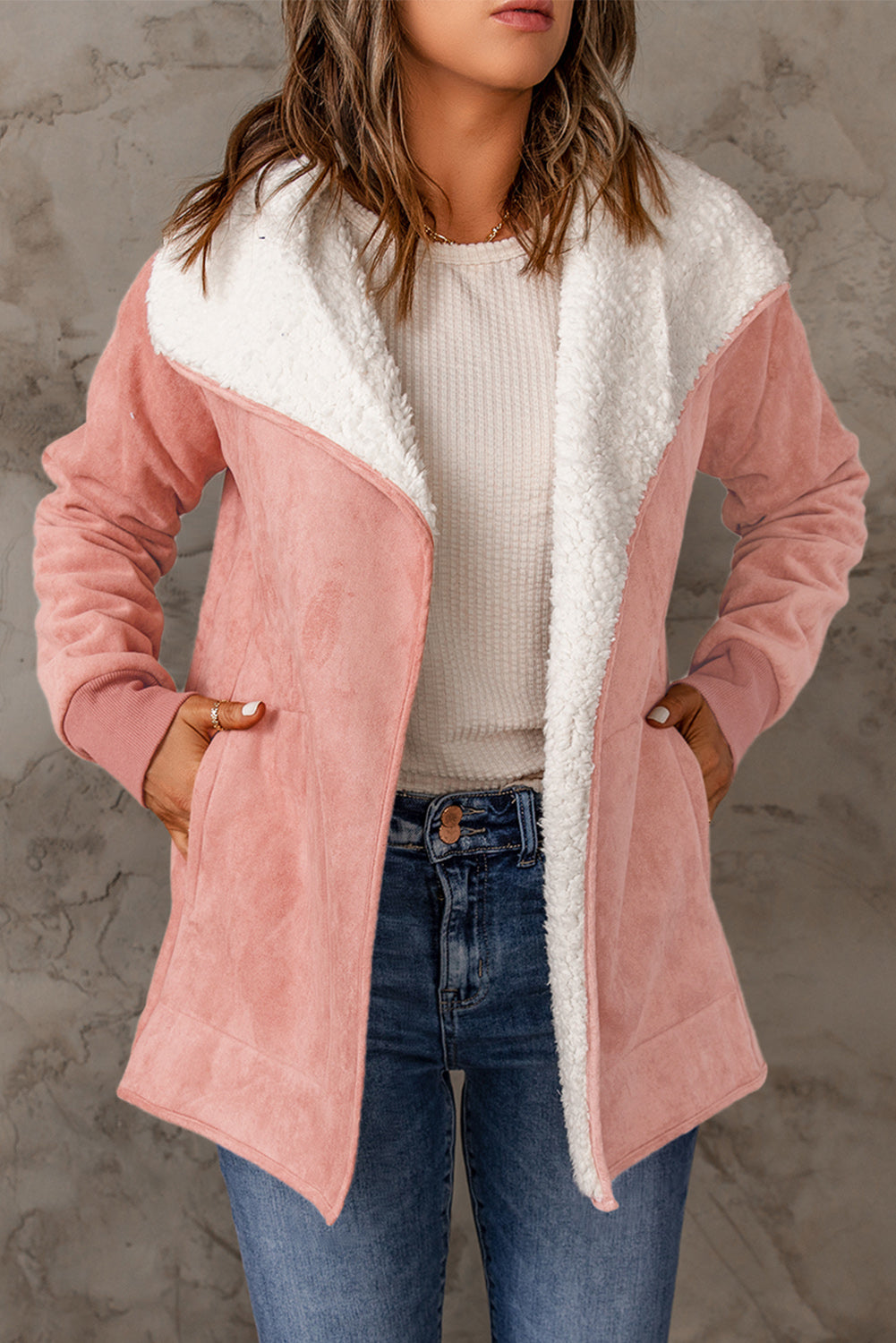 Open Front Long Sleeve Sherpa Jacket with Pockets - Babbazon Jacket