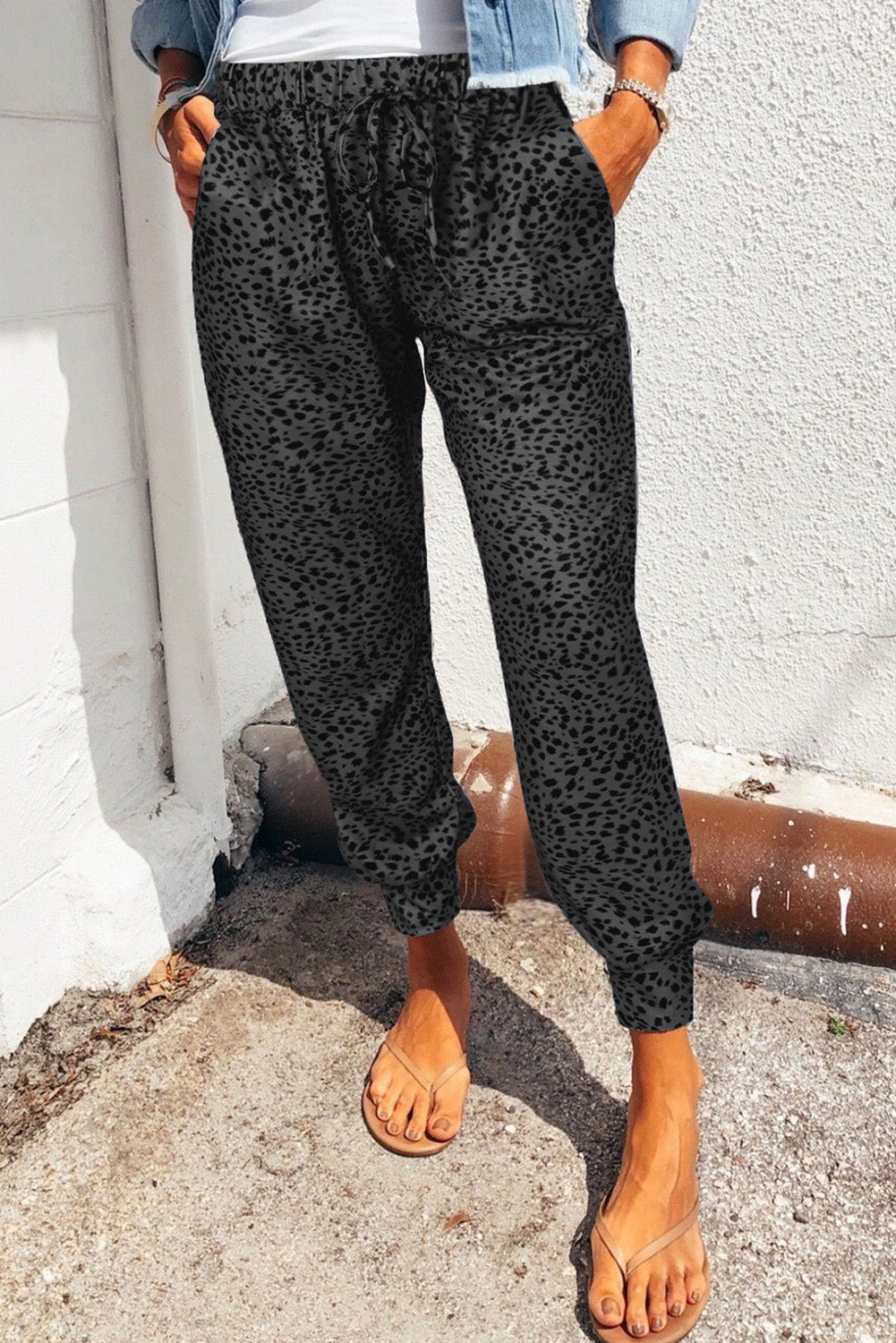 Double Take Leopard Print Joggers with Pockets - Babbazon