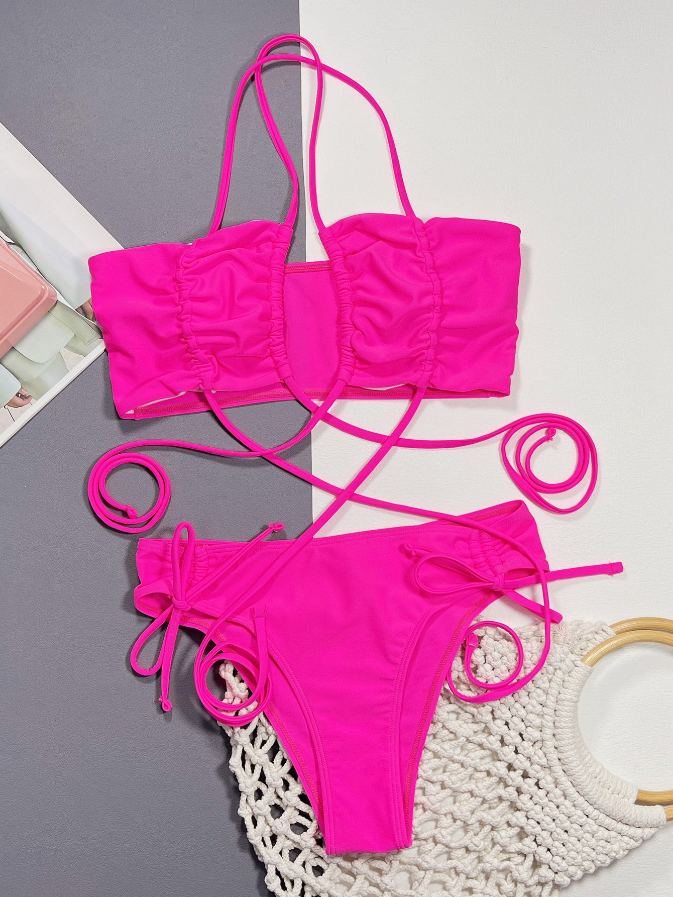 Halter Neck Drawstring Detail Bikini Set 