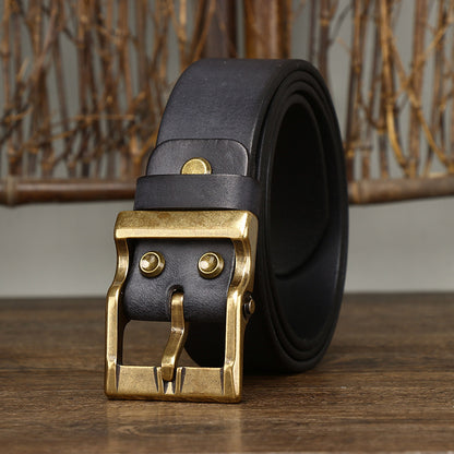 Retro Washed Matte Top-grain Leather Brass Buckle Belt 