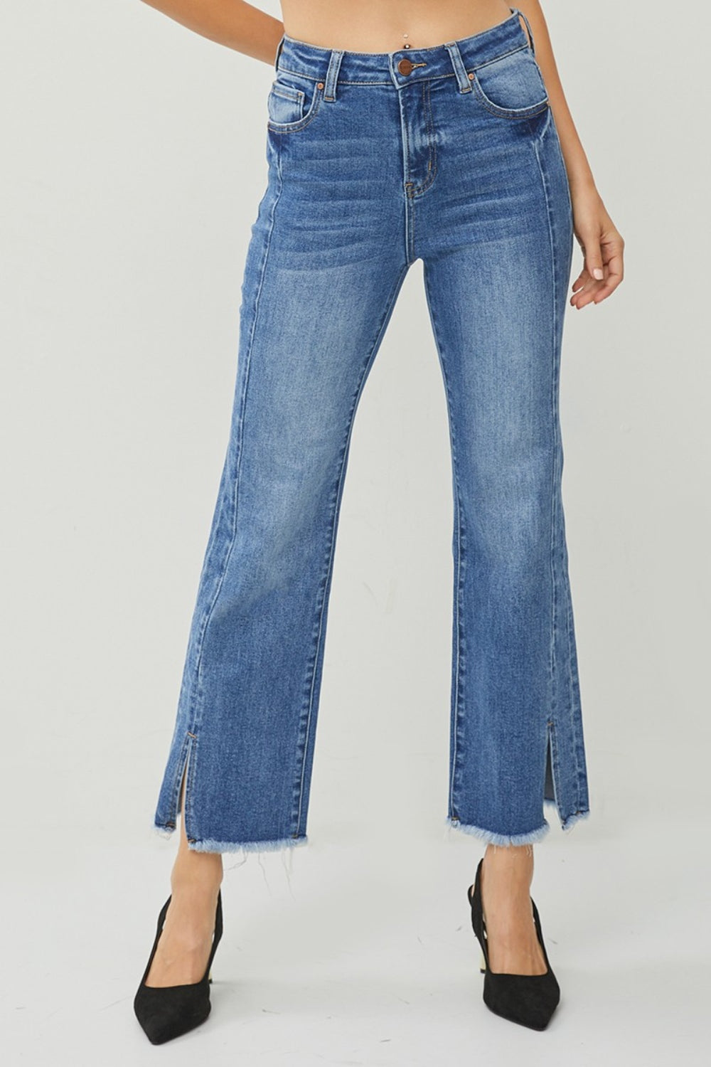RISEN High Waist Raw Hem Slit Straight Jeans - Babbazon new