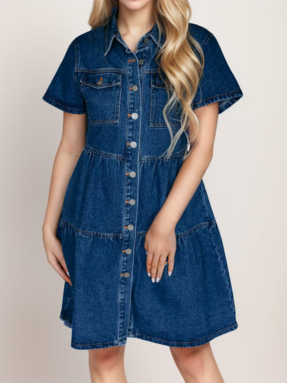 Button Up Short Sleeve Denim Dress 