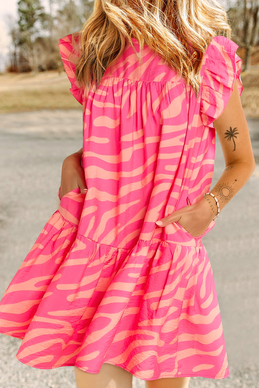 Pink Zebra Stripe Print Ruffle Trim Pocketed Mini Dress - Babbazon Short Dresses