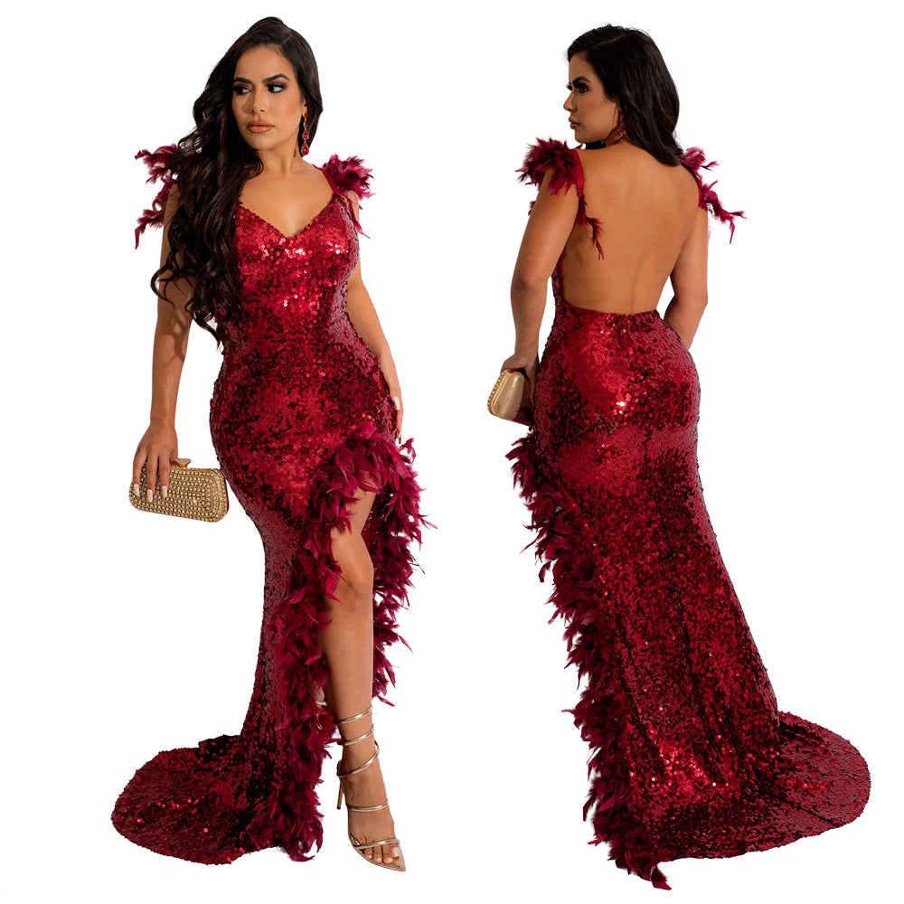 Feather Halter High Split Sequin Dress