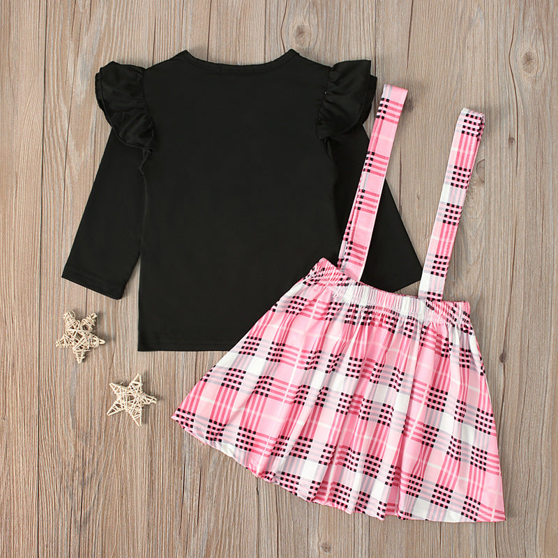 Love Long-sleeved Blouse Plaid Suspender Skirt Two-piece Children's Wear