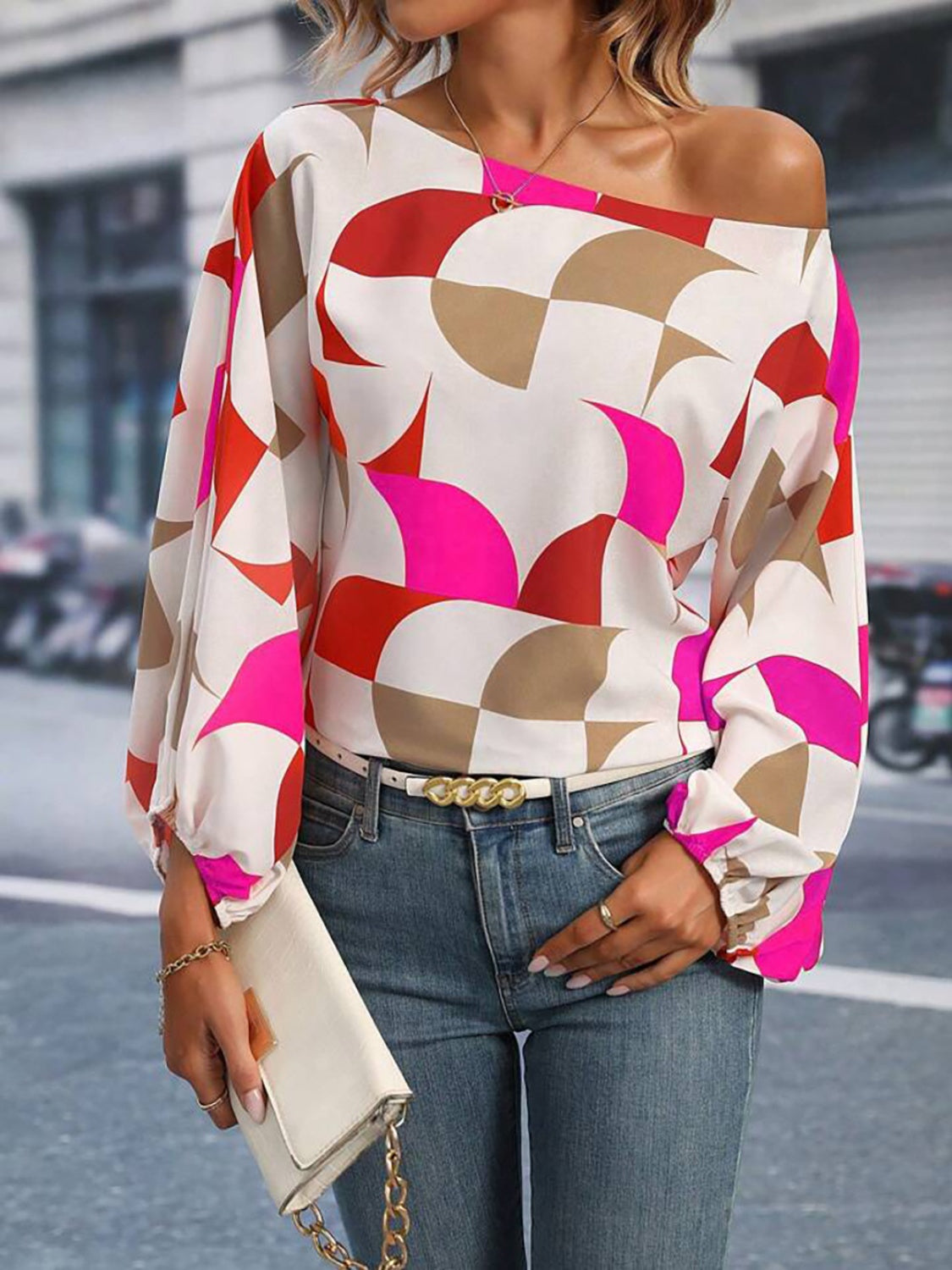 Printed One Shoulder Balloon Sleeve Blouse - Babbazon new