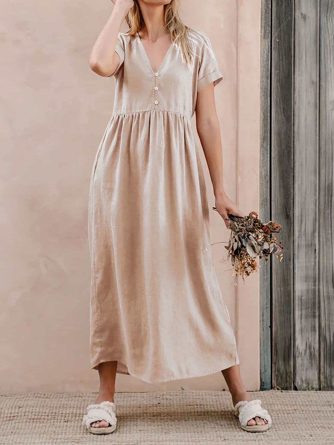 V-Neck Short Sleeve Midi Dress - Babbazon New Products