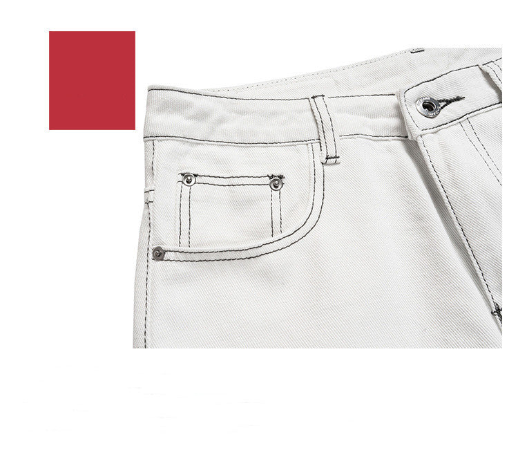 Footed Topstitched Trousers Men's And Women's White Jeans