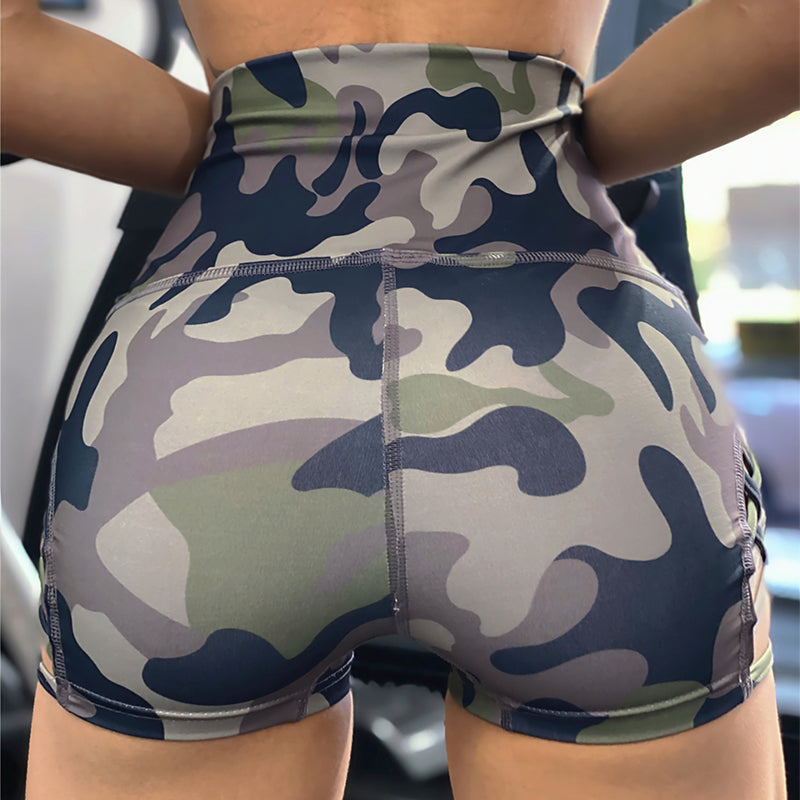 Camouflage Leopard Print Yoga Pants For Women High Waist Tight Shorts With Side Hollow Design Sexy Fitness Pole Dancing Sports Shorts 