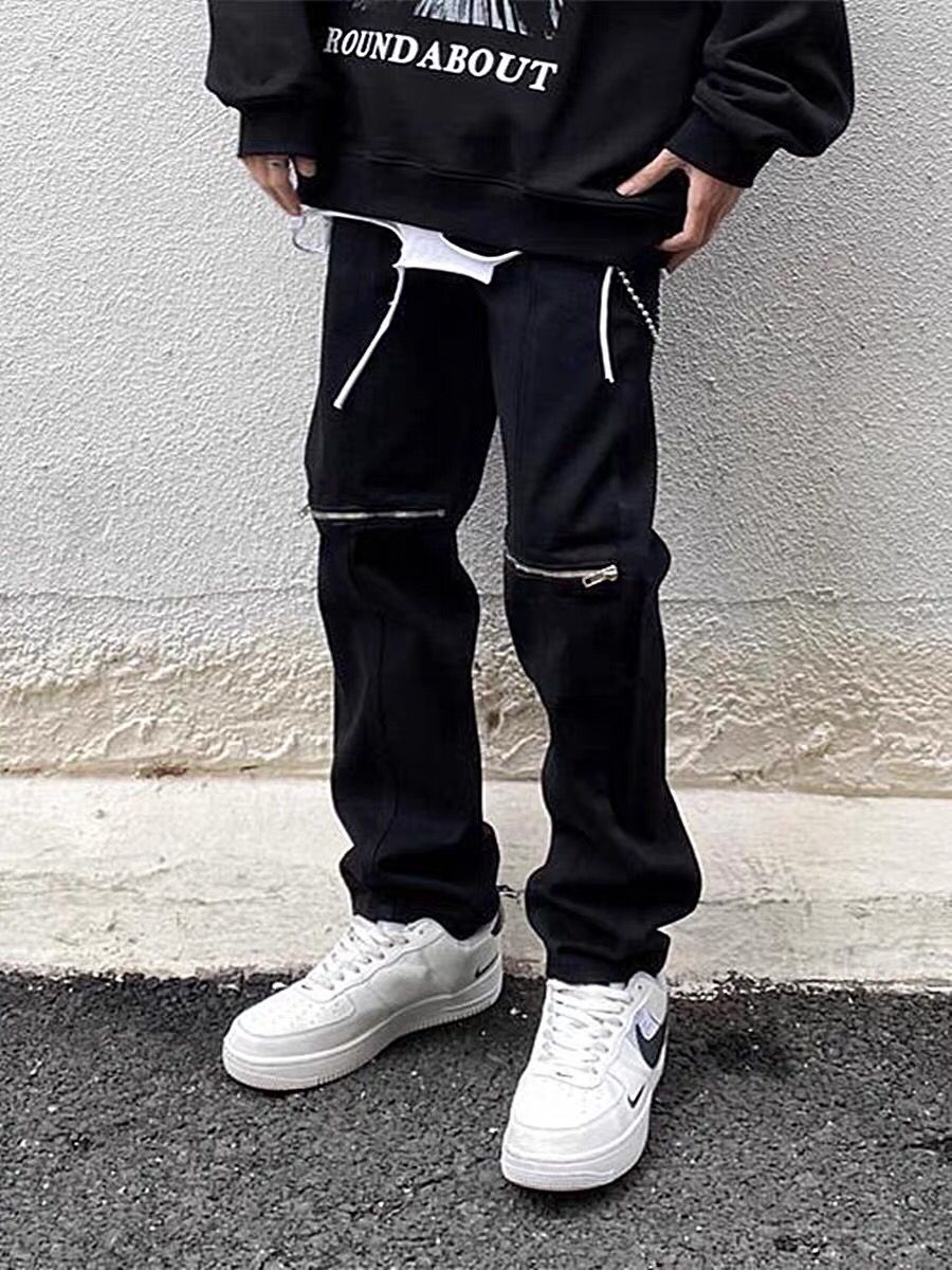 Black Pants Loose Straight Ripped Jeans