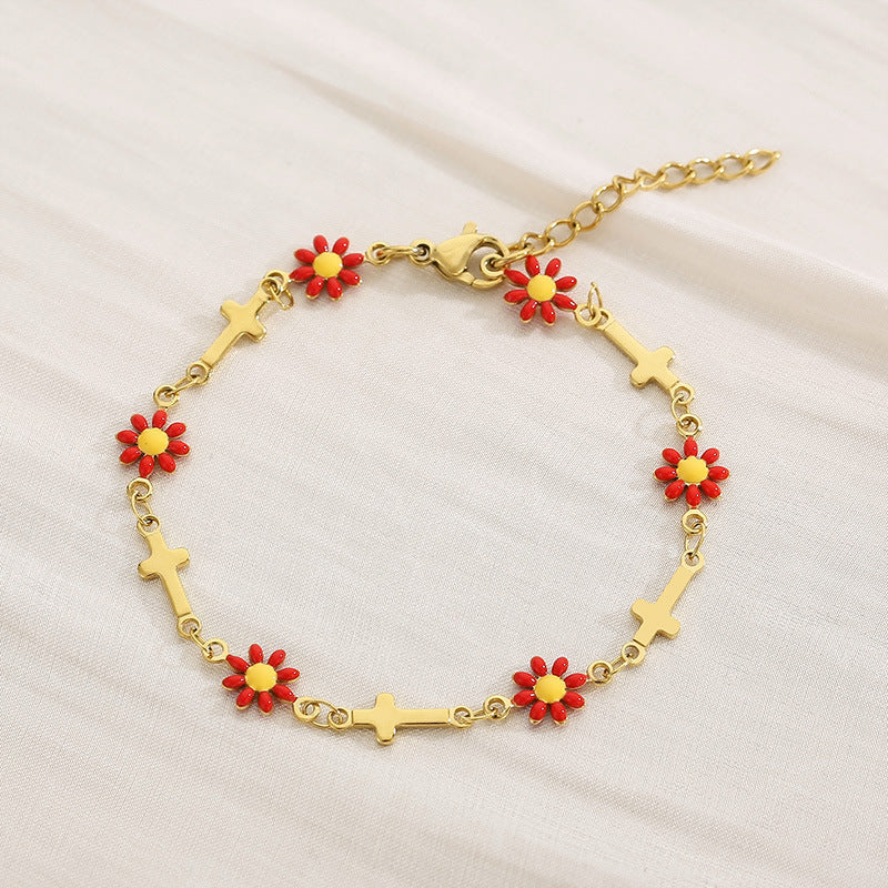 Flower & Cross Stainless Steel Bracelet 