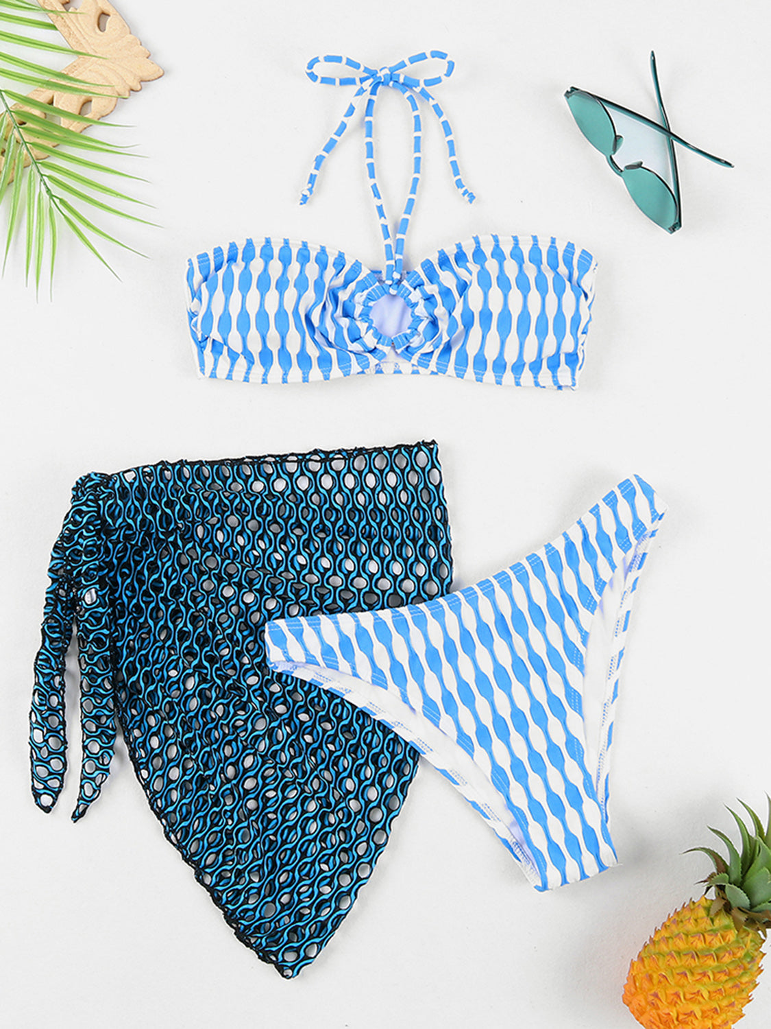 Geometric Halter Neck Three-Piece Swim Set - Babbazon new