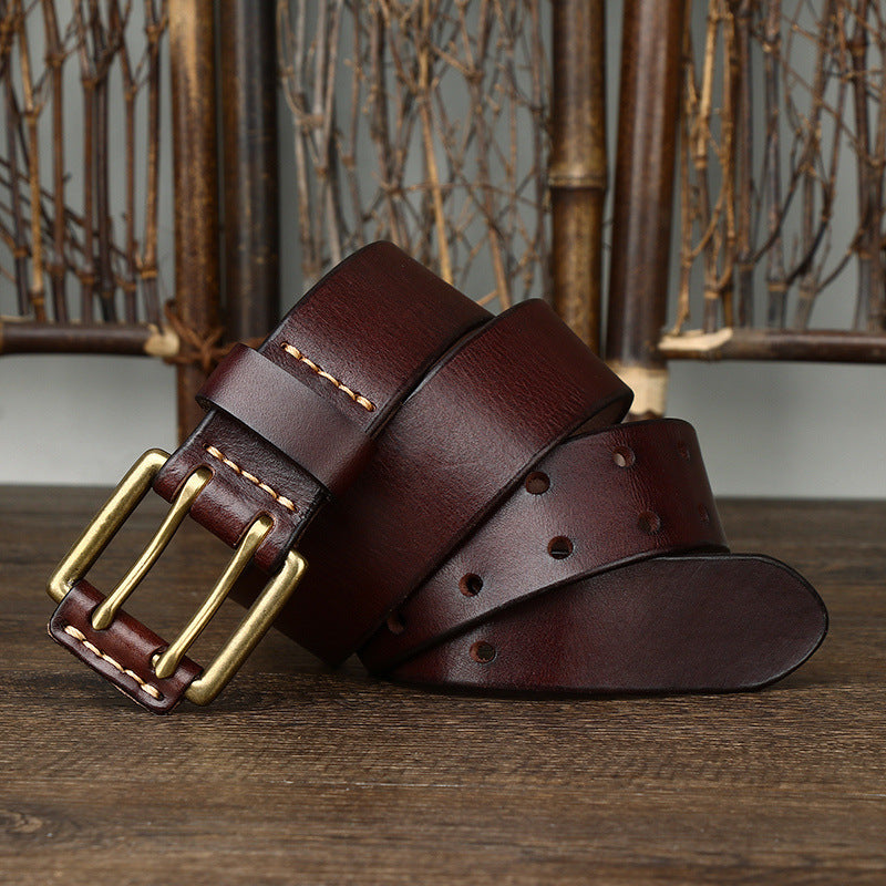 Men's First Layer Cowhide Vintage Brass Buckle Belt 