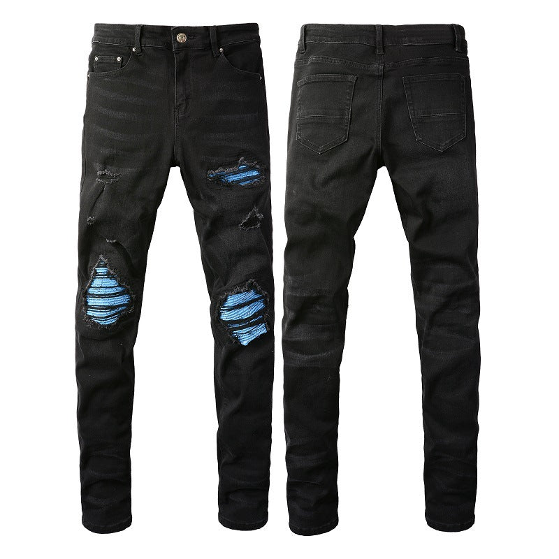 Trendy Brand Ripped Patch Jeans Patch Elastic