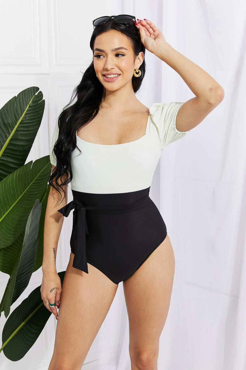 Marina West Swim Salty Air Puff Sleeve One-Piece in Cream/Black 