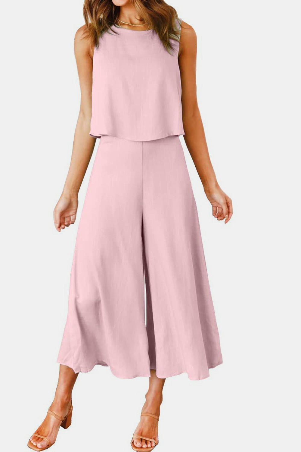 Round Neck Top and Wide Leg Pants Set - Babbazon New Products