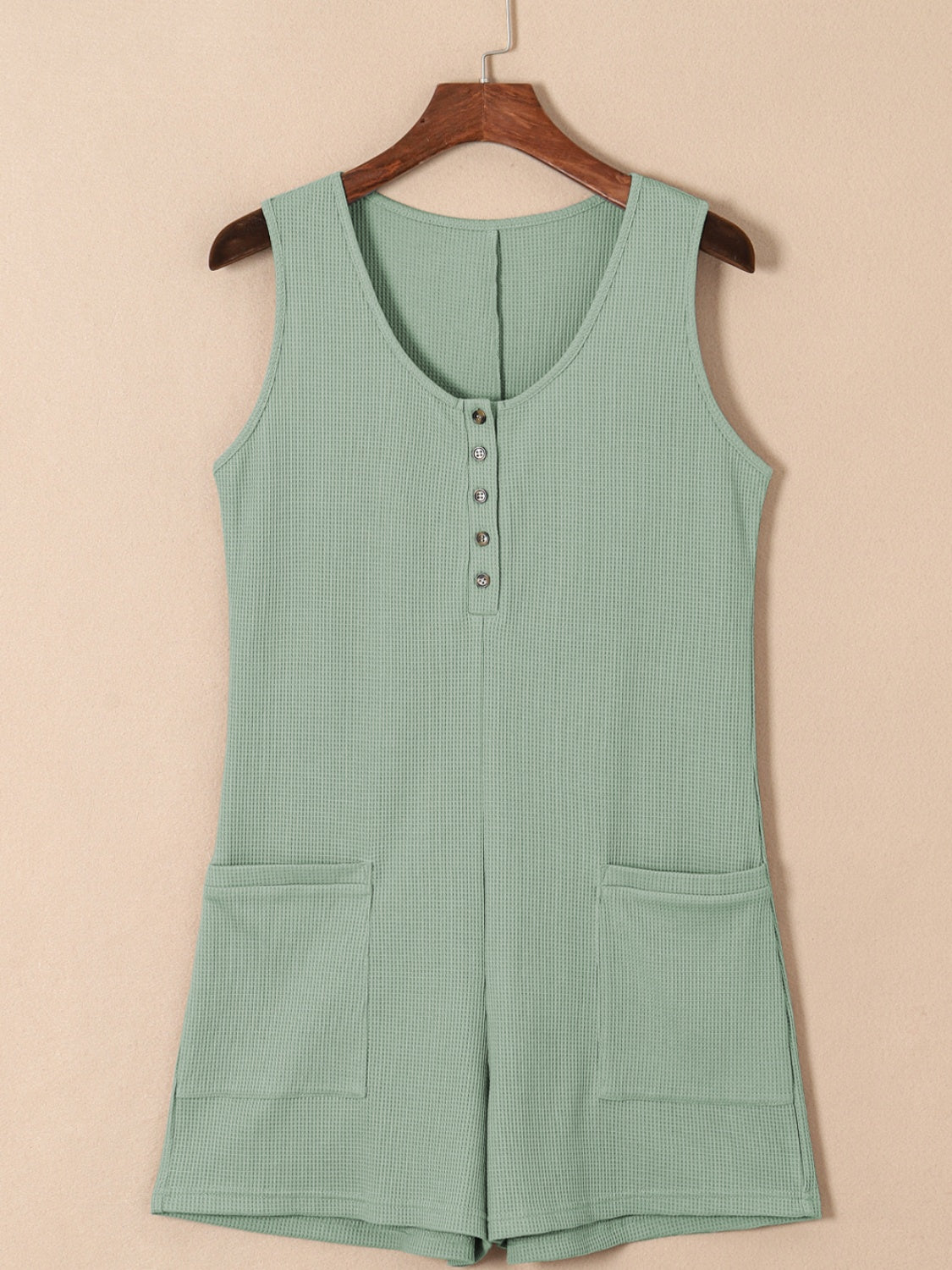 Waffle-Knit Half Button Sleeveless Romper with Pockets - Babbazon jumpsuit