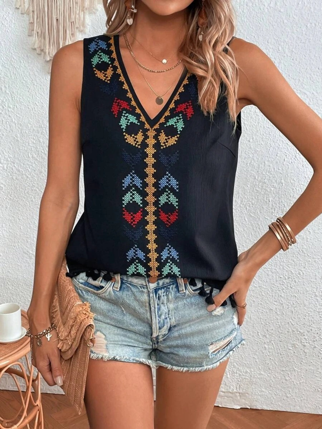 Tassel Printed V-Neck Tank - Babbazon New Products