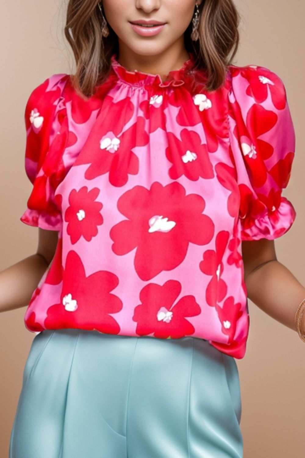 Ruffled Printed Mock Neck Short Sleeve Blouse - Babbazon New Products