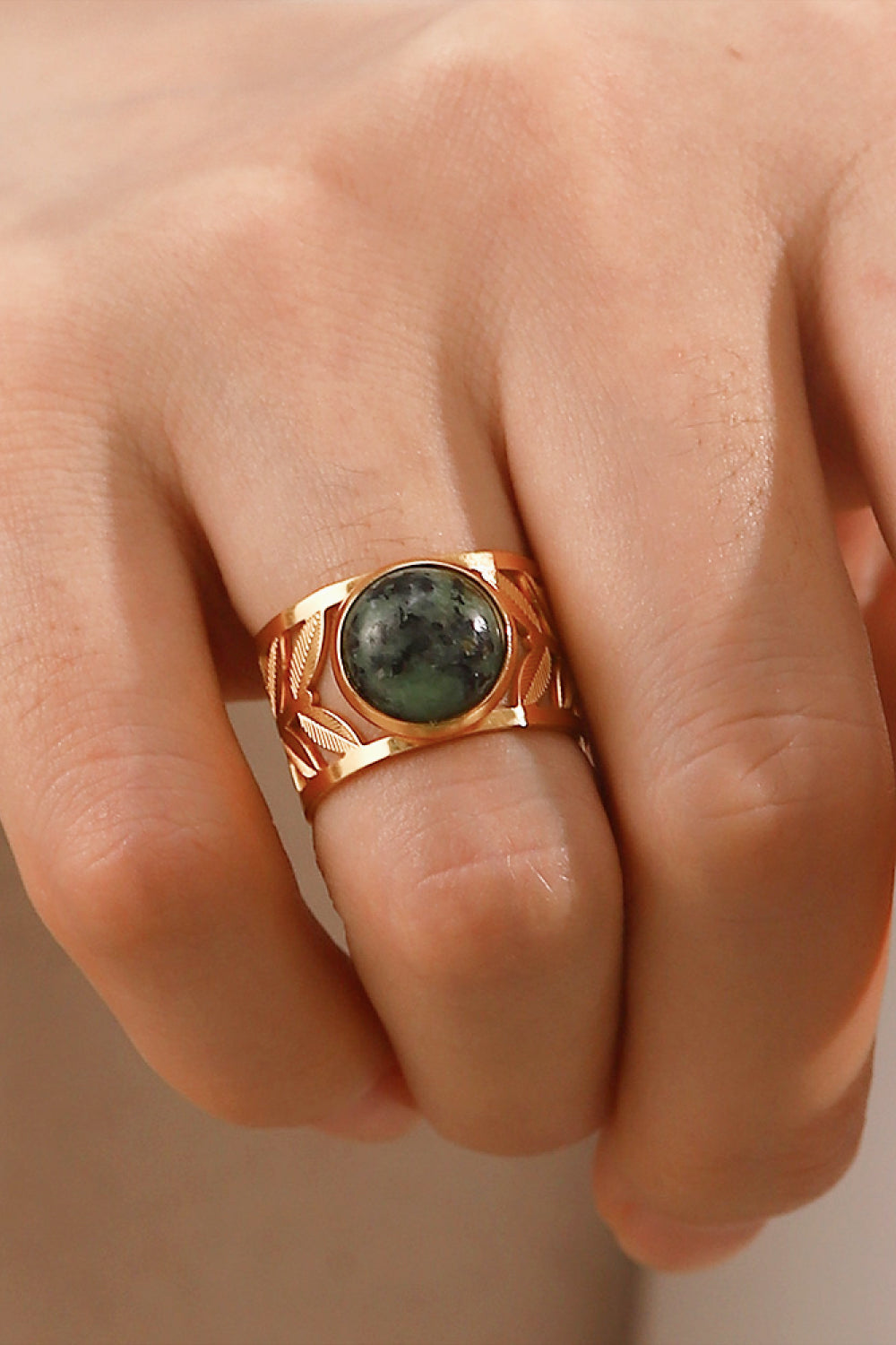 18k Gold Plated Malachite Leaf Ring 