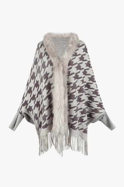 Houndstooth Fringe Hem Poncho 