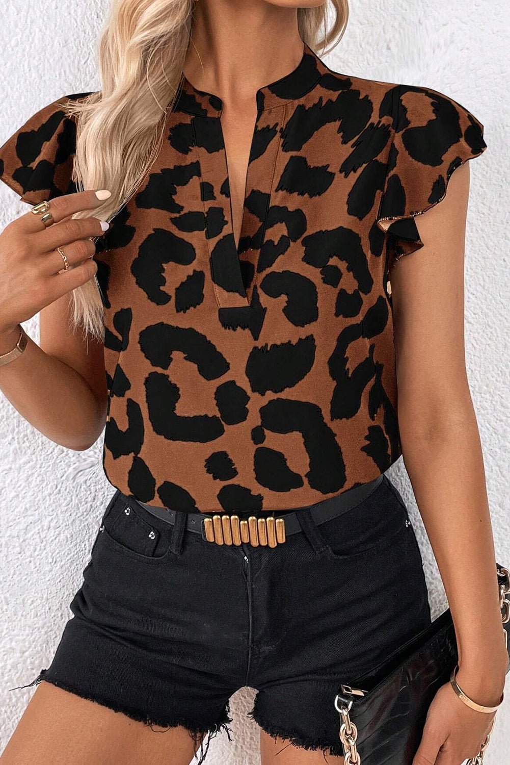 Brown Leopard Print Split Neck Ruffle Flutter Sleeve Blouse - Babbazon Blouses