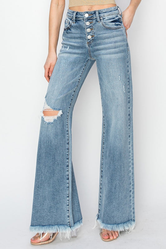 RISEN Mid Rise Button Fly Wide Leg Jeans - Babbazon new