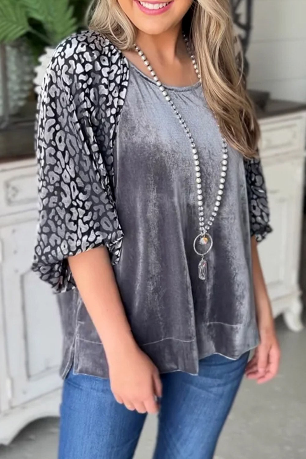 Grey Leopard Splicing Lantern Sleeve Velvet Blouse - Babbazon Blouses