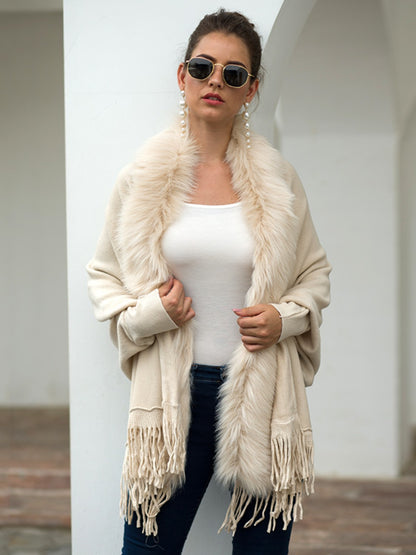 Fringe Open Front Long Sleeve Poncho 