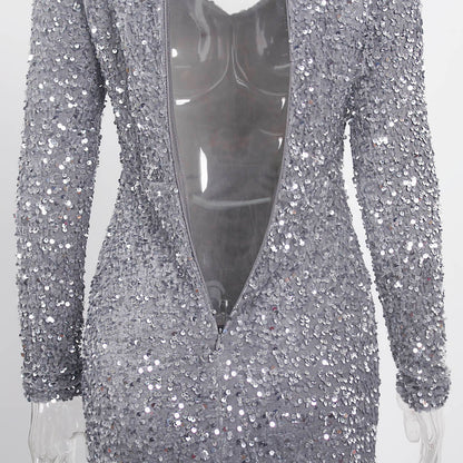 Fashion Sequin Square Neck Thin Silver Grey Party Dress