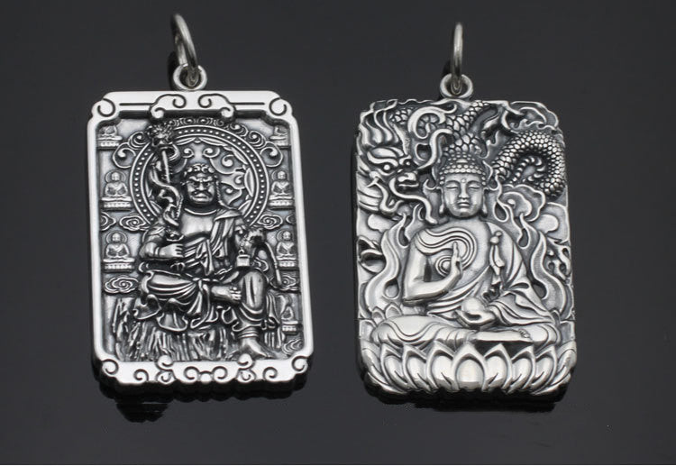 Retro Thai Silver Square Card Personality Pendant Natal Buddha