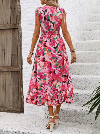 Perfee Ruffled Smocked Printed Sleeveless Dress