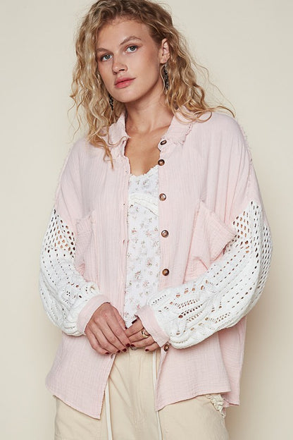 Openwork Lantern Sleeve Button-Down Gauze