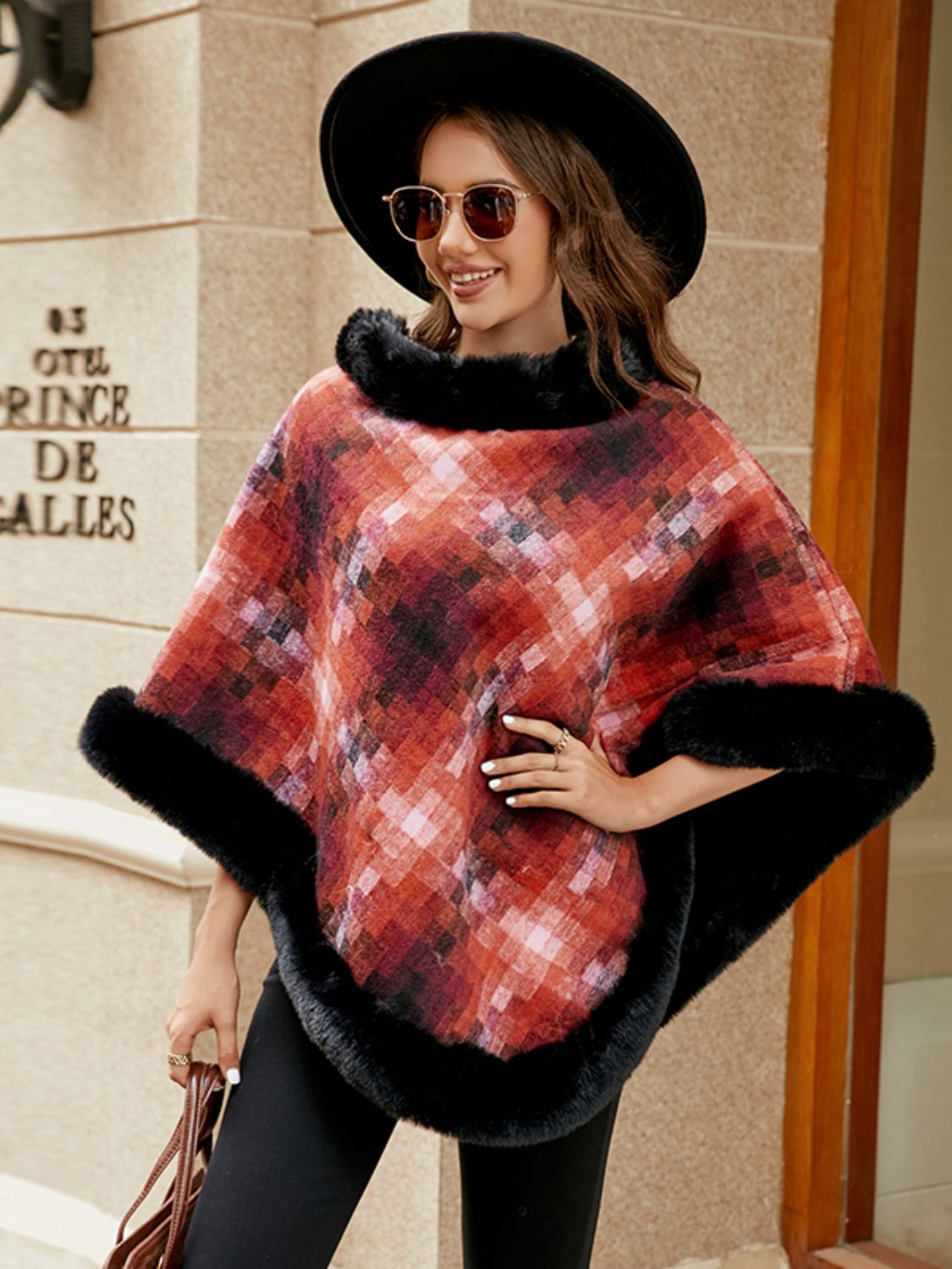 Faux Fur Trim Poncho 