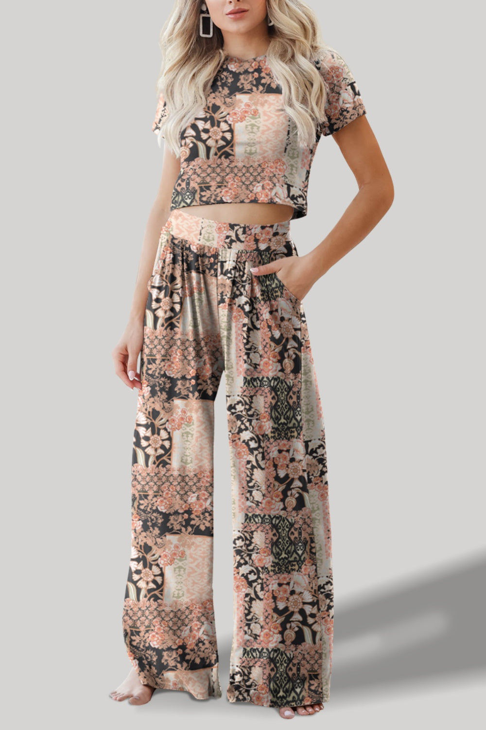 Printed Round Neck Short Sleeve Top and Pants Set - Babbazon New Products