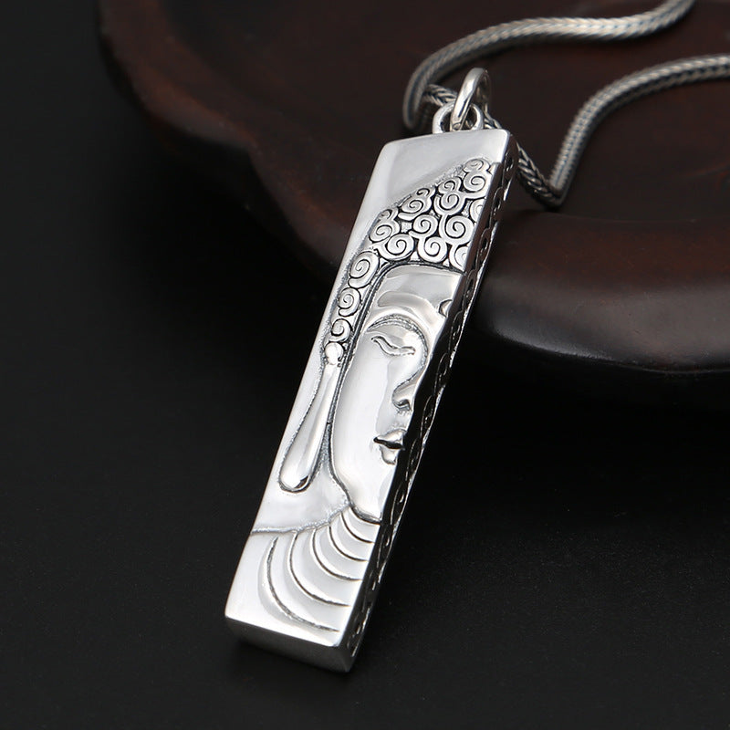 Thai Silver Hollow Half Anita Buddha Face Pendant Long Silver Medal