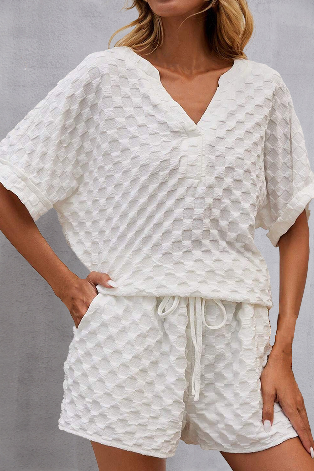 Notched Half Sleeve Top and Shorts Set - Babbazon New Products