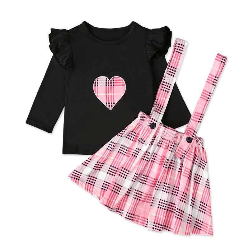 Love Long-sleeved Blouse Plaid Suspender Skirt Two-piece Children's Wear