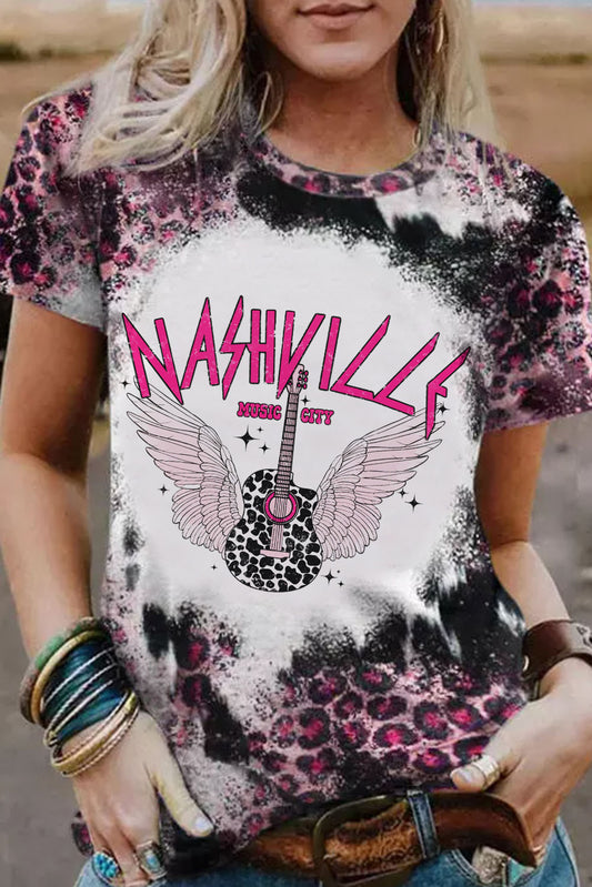 Pink NASHVILLE MUSIC CITY Graphic Bleached Leopard Tee - Babbazon Graphic Tees