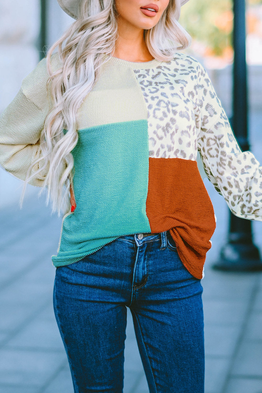 Rosy Leopard Patchwork Color Block Ribbed Long Sleeve Top - Babbazon Long Sleeve Tops