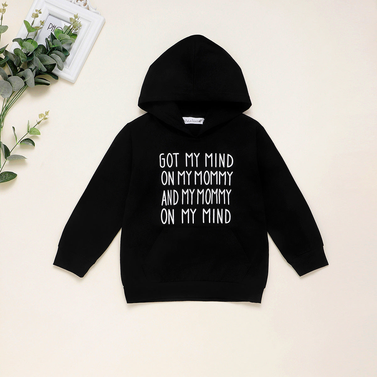 Boys And Girls Black Letter Sweater Hooded Long Sleeve Top